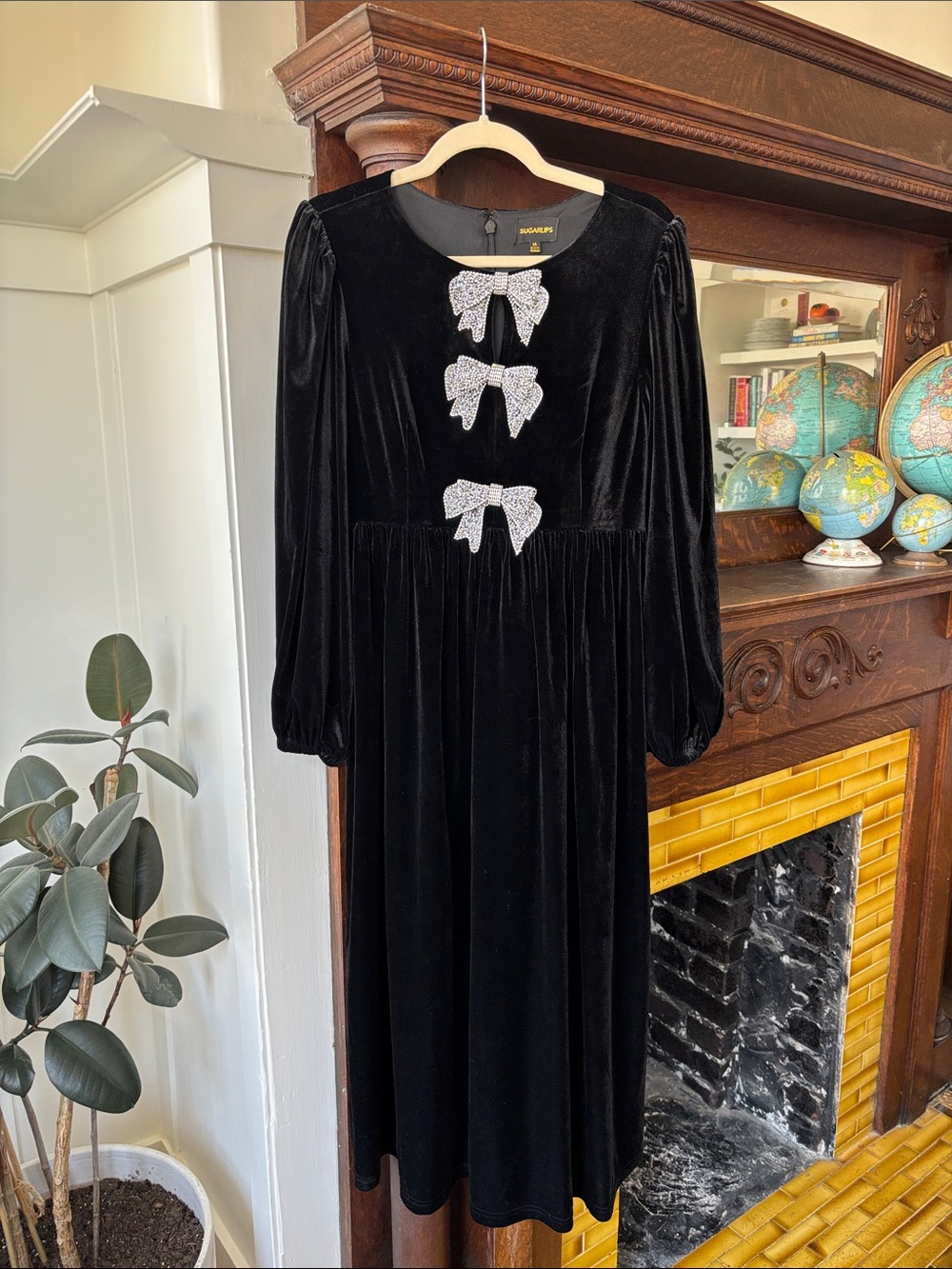 Sugarlips Black Velvet Long Sleeve Midi Dress with Silver Bow Accents